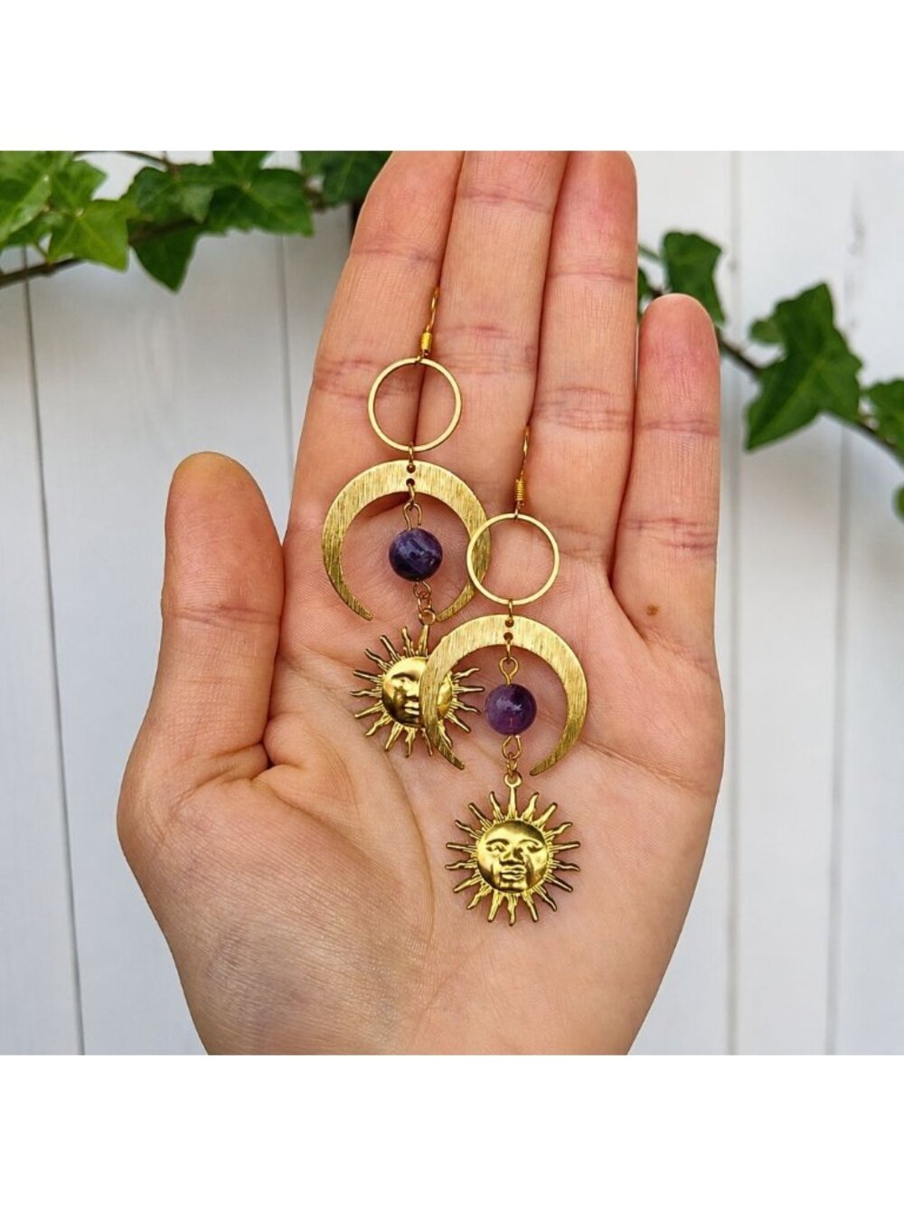 Amethyst Sun Earrings, Celestial Dangle Earrings, Natural Amethyst Gemstone
